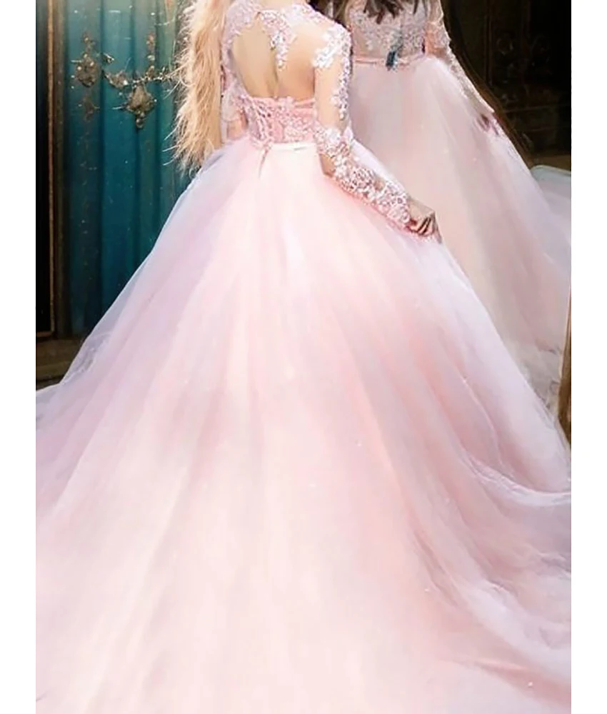 Personalizado sexy organza a linha apliques lantejoulas arco 3d vestido de noite delicado tripulação pescoço mangas compridas فسات evimavera