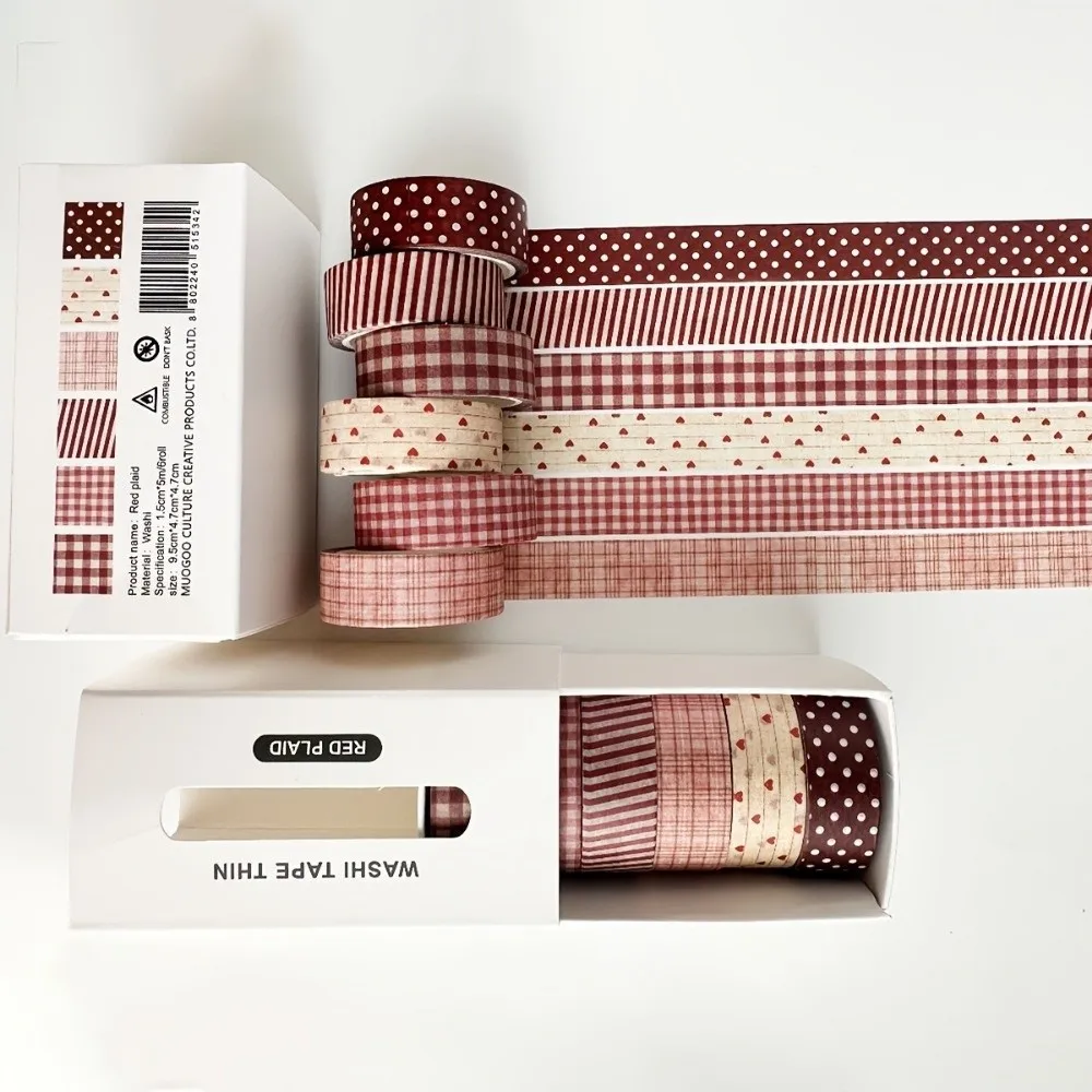6Rolls Vintage Style Checkered Pattern Paper tape Stripe Dots Decorative Tape Colorful DIY Masking Tape Planner Usage