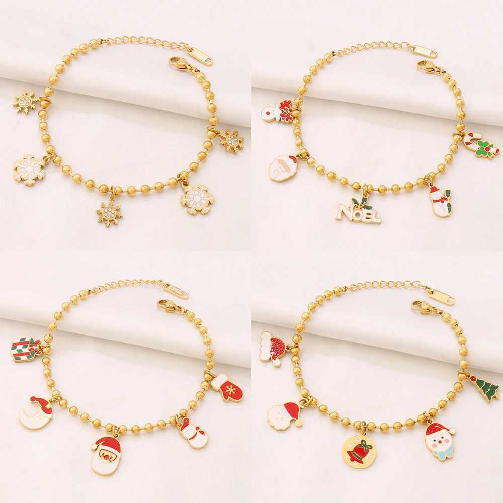 Stainless Steel Cartoon Snowflake Santa Claus Pendant Bracelet for Women Bell Reindeer Tree Bead Bracelets Christmas Jewelry