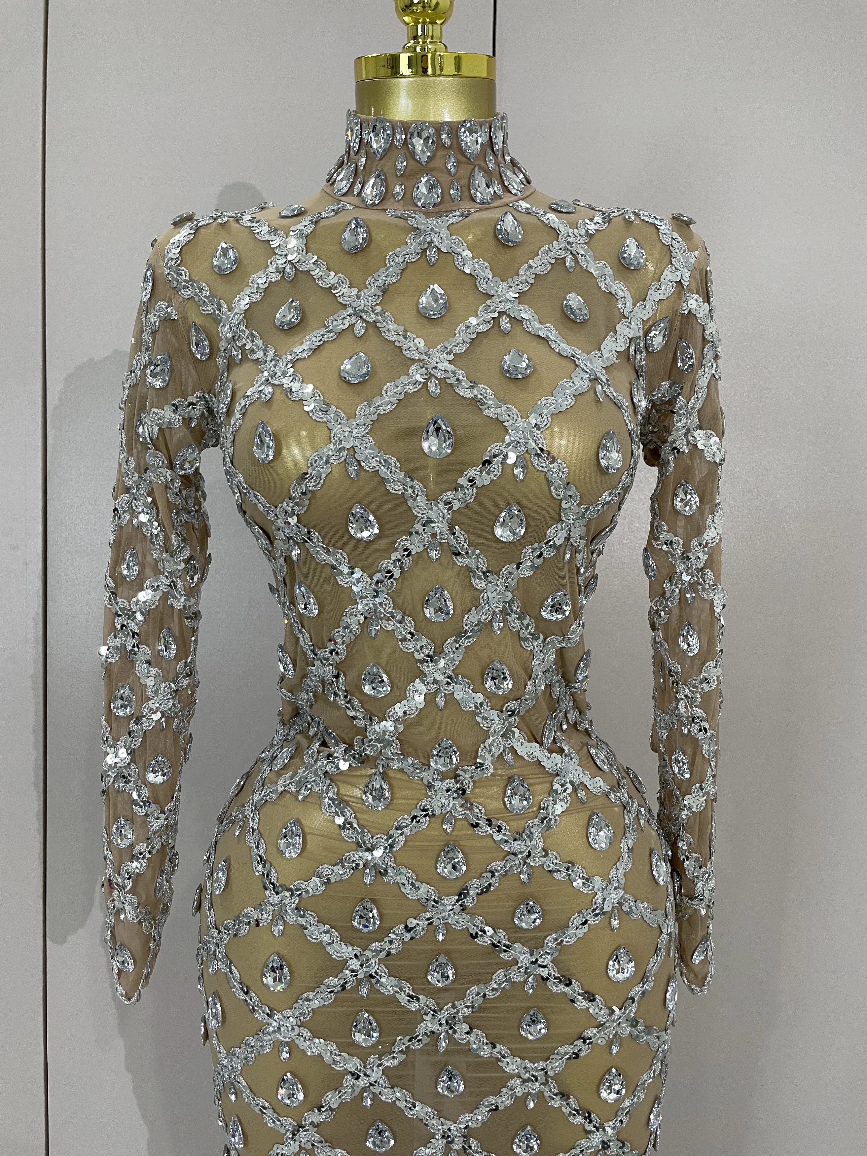 Women Sexy Shining Rhinestone Sequin Long Dress Luxury Birthday Dress Evening Prom Gown Transparent Singer Club Stage Host Dress