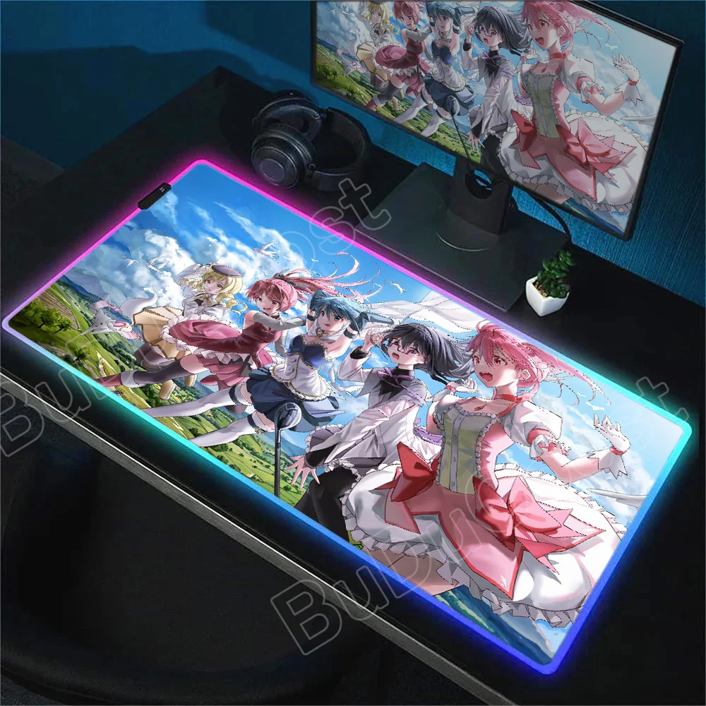 

RGB светодиодный коврик для мыши с клавиатурой, милый Puella Magi Madoka Magica, большой игровой HD настольный коврик, мультяшный коврик для мыши, компьютерный ПК, геймер, аниме, коврик