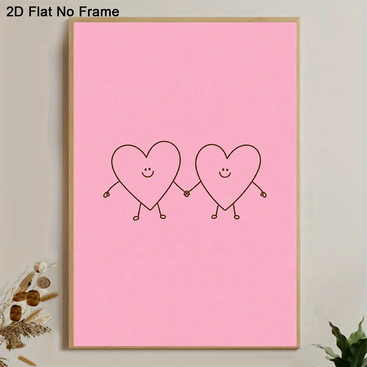 2D Flat, 1pc Modern Minimalist Frameless Canvas Poster - Pink Hearts Couple Holding Hands Wall Art, Suitable for Bedroom, Liv