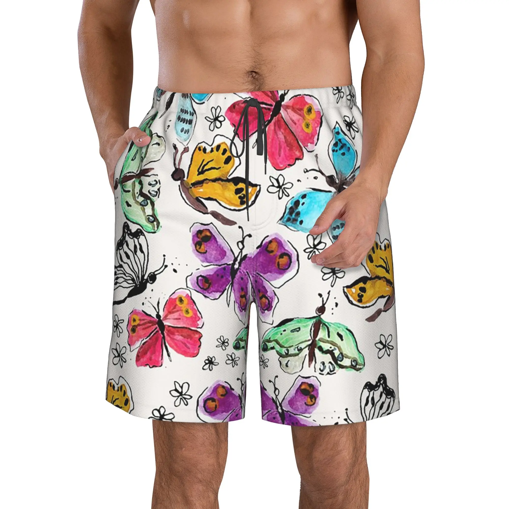 Colorful Butterfly Watercolor Painting Art Trunks Beach Board Shorts Casual Quick Dry Swim Summer Men Pants