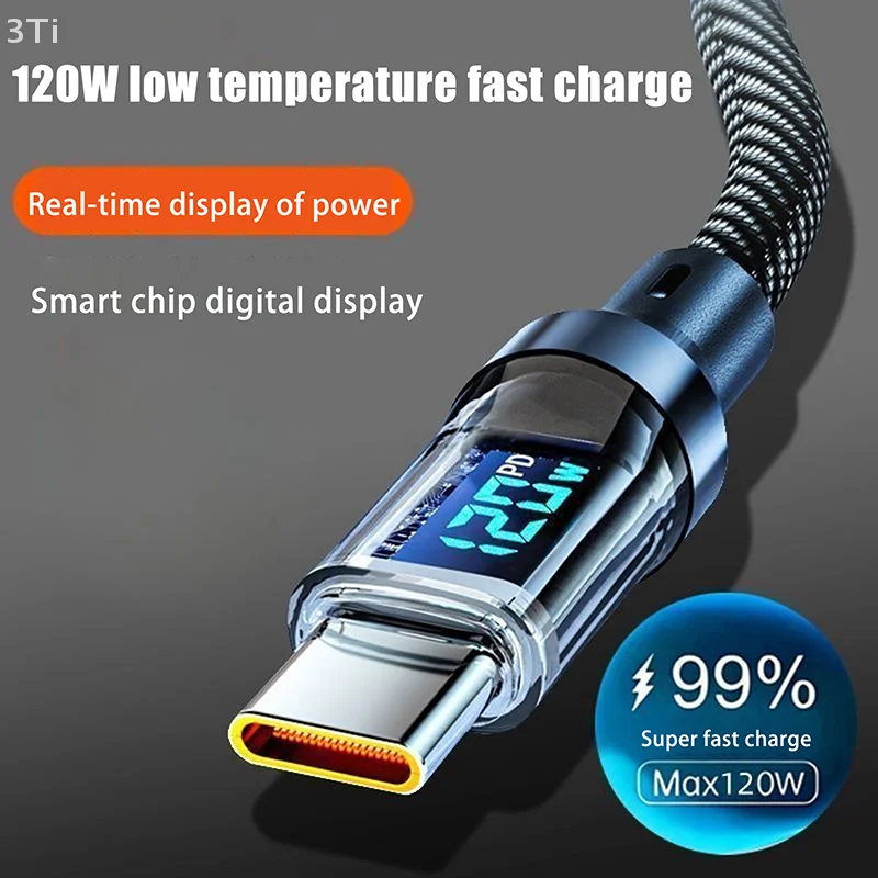 قطعة واحدة لهاتف هواوي سلك بيانات شحن سريع 120 وات شحن سريع للغاية من النوع C كابل USB شاشة رقمية LED