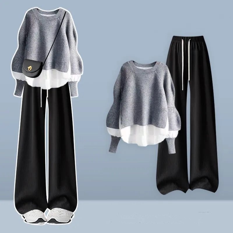 Vrouwen 2025 Herfst/Winter Nieuwe Chic Trainingspak Bijpassende Set Koreaanse Elegante Nep 2 Stuk Lange Mouwen Gebreide trui + Casual Broek Pak