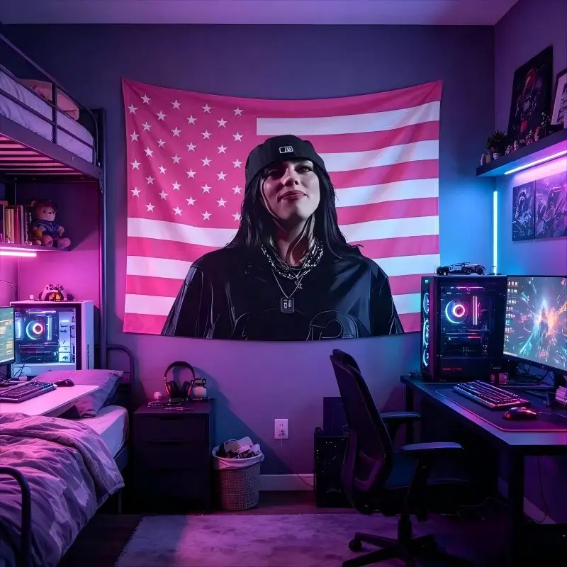 B-Billie Eilish Hip Hop Tapestry, American Flag Wall Hanging, Singer Fan Wall Decor for Bedroom Living Room Home Art Decoration