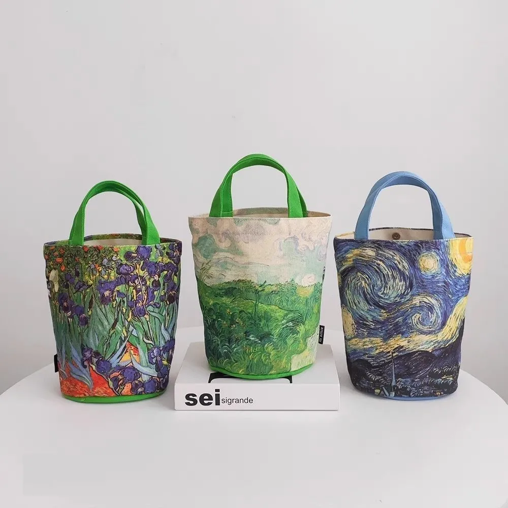 KLASSNUM Van Gogh Printing Canvas Tote Bag Women\'s Handbag Vintage Fashion Literary Carrying Bucket Bag Shopping Bag Lunch Bag