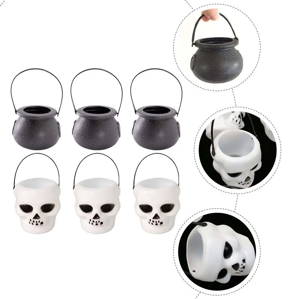

6pcs Jar Plastic Candy Bucket Black Witch Jar Skull Shaped Halloween Gift Bucket Party Favors Lightweight Storage Container For
