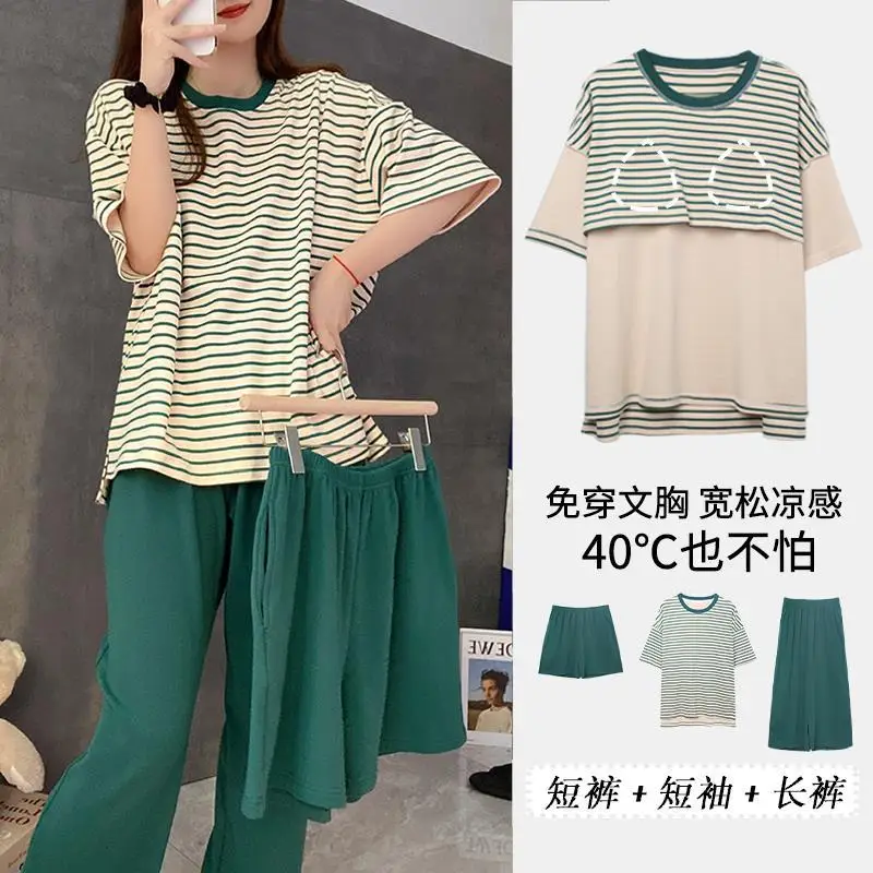 Women Summer Pajama Set Girl Striped Color-Block Three-Piece Set Round Neck Chest Pad Worn Outside Students Casual Homewear Lady
