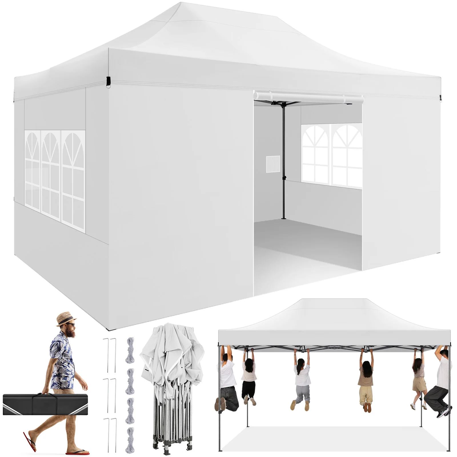 10x15FT Heavy Duty Pop Up Canopy Tent with 4 Sidewalls Thicken Frame, Commercial Easy Up Outdoor Wedding Party Tents, All Season Waterproof Windproof with Stakes Sandbags Ropes Bag