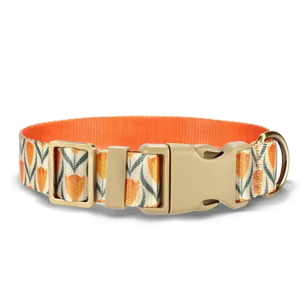 Personalized Dog Collar with Free Engraving, Matching Pet Leash,Customzied Contacts Buckle, Tulips Pet Collar