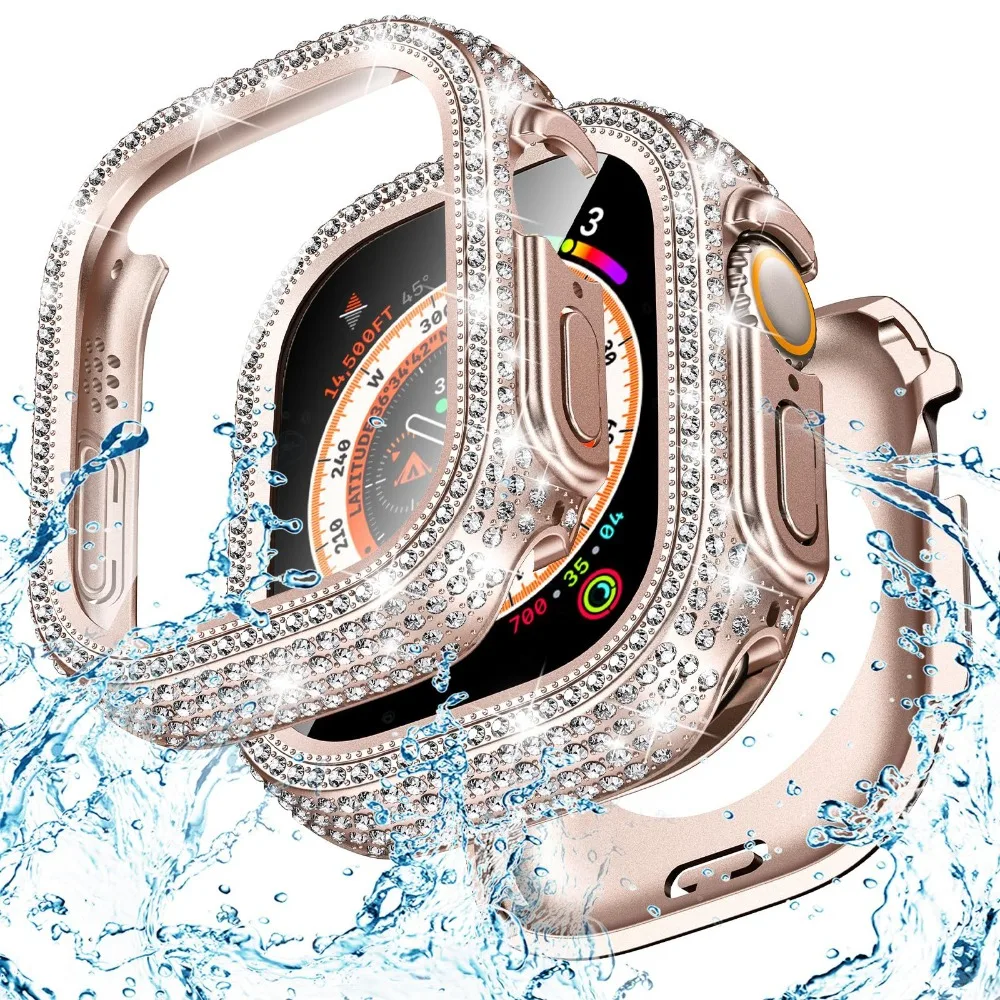 

Bling Glass+Cover for Apple Watch Case 45mm 44mm 40 41mm Diamond PC Bumper+Screen Protector Iwatch Series 10 46mm 42mm 9 8 7 5 6