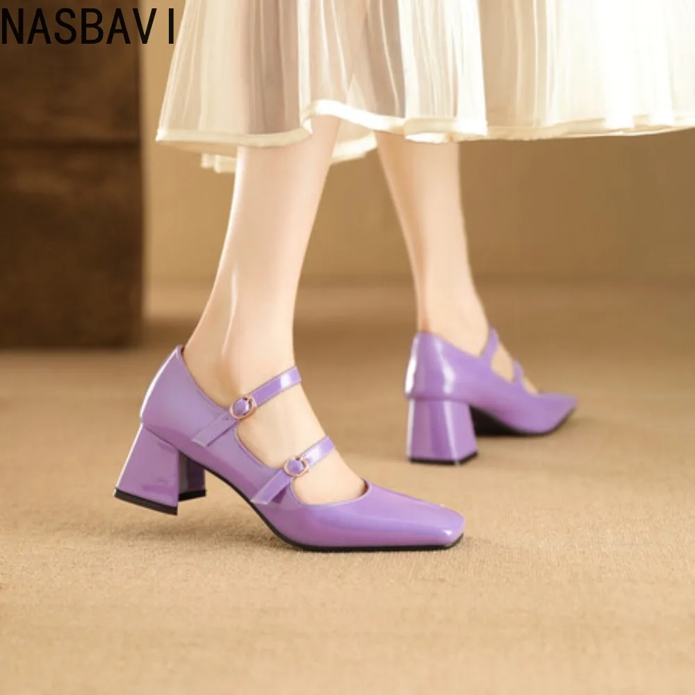 

Patent Leather Purple Green Closed Toe Double Buckle Belt Luxury Women Shoes Spring Fall Chunky High Heels Mary Janes Pumps