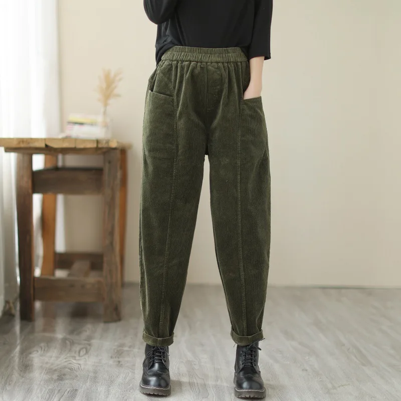 

Idopy High Waist Corduroy Harem Pants Casual Cotton Autumn Loose Elastic Clothes Women Asian Style Casual Trousers For Female