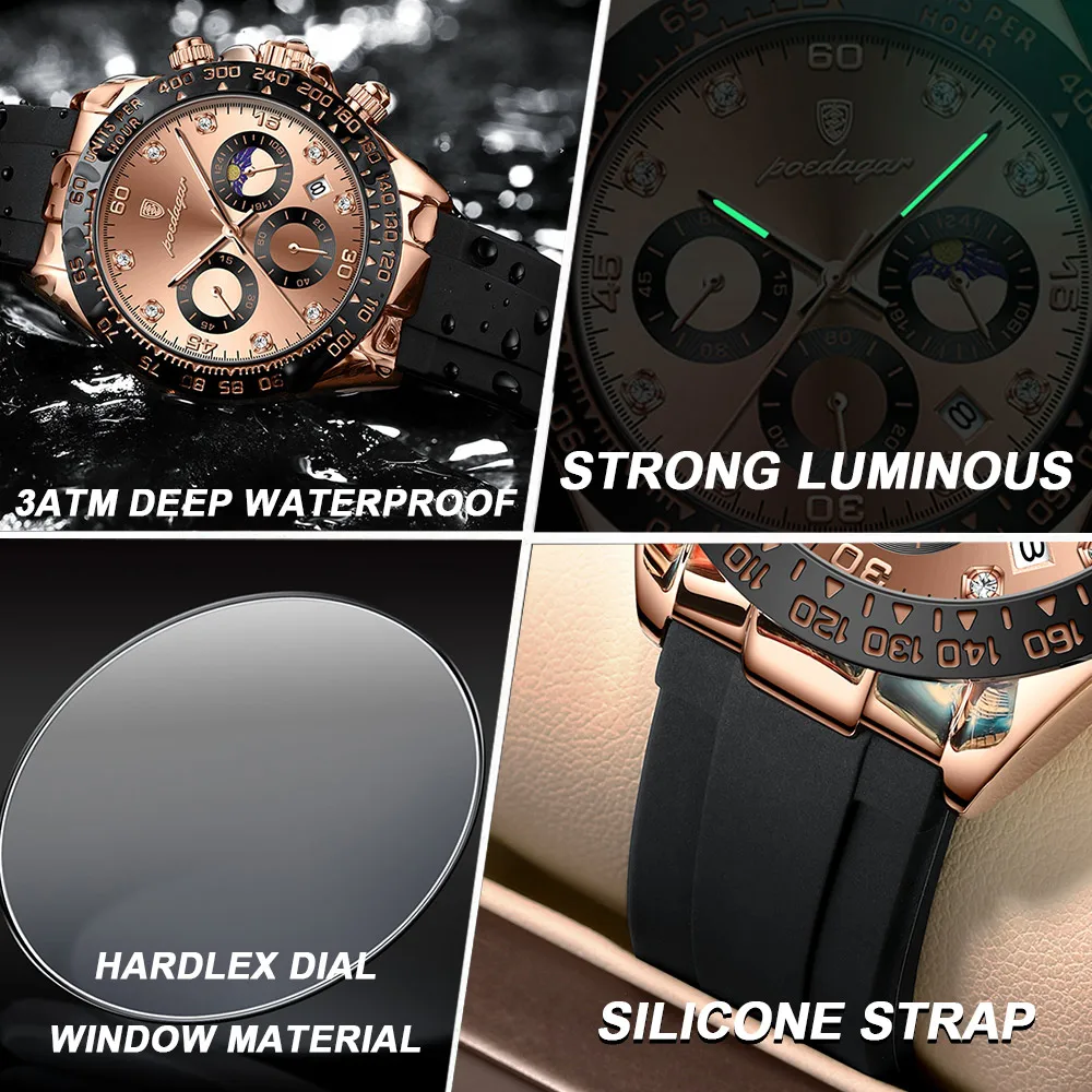 POEDAGAR Luxury Casual Top Brand Watch Business Sport Chronograph Date Luminous Waterproof Silicone Strap Men\'s Watch Male reloj