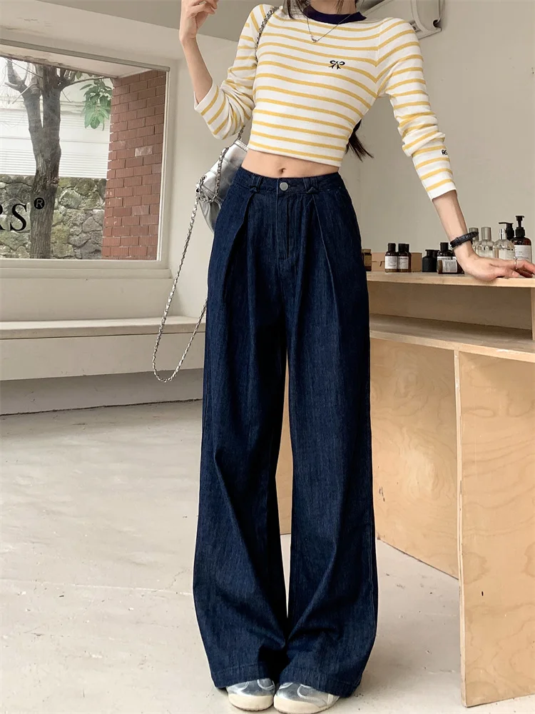 Spring and Autumn American Retro Dark Navy Blue Jeans for Women High-Waisted Pleated Wide-Leg Floor-Length Pants with Draping Effect Height-Enhancing Hip-Covering Versatile Denim Trousers
