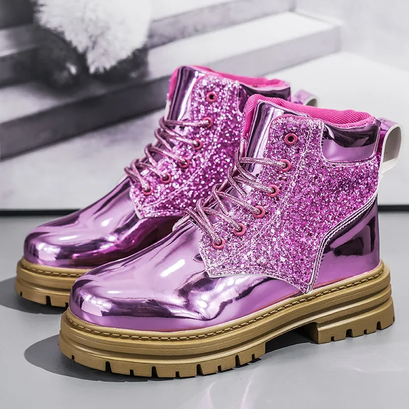 Fashion Women Casual Boots Gold Outdoor Purple Luxury Brand Motorcycle Boot High Top Autumn Female Popular Leisure Walking Boots