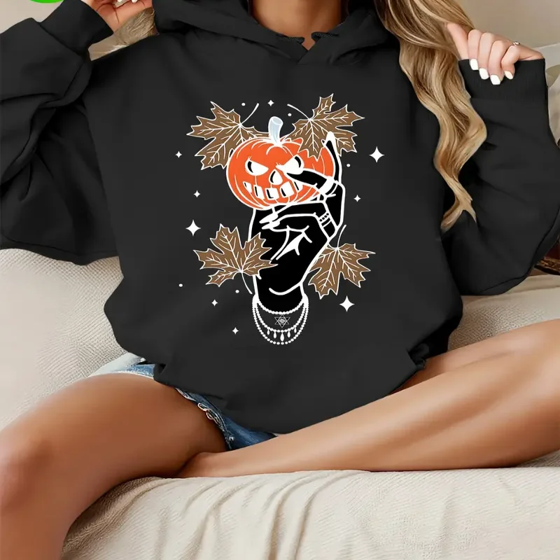 

Женская толстовка с капюшоном на Хэллоуин, мягкий повседневный пуловер в стиле ретро, на шнурке, с длинным рукавом, уютная тыква, череп, лицо, осенние листья, дизайн, уличная одежда
