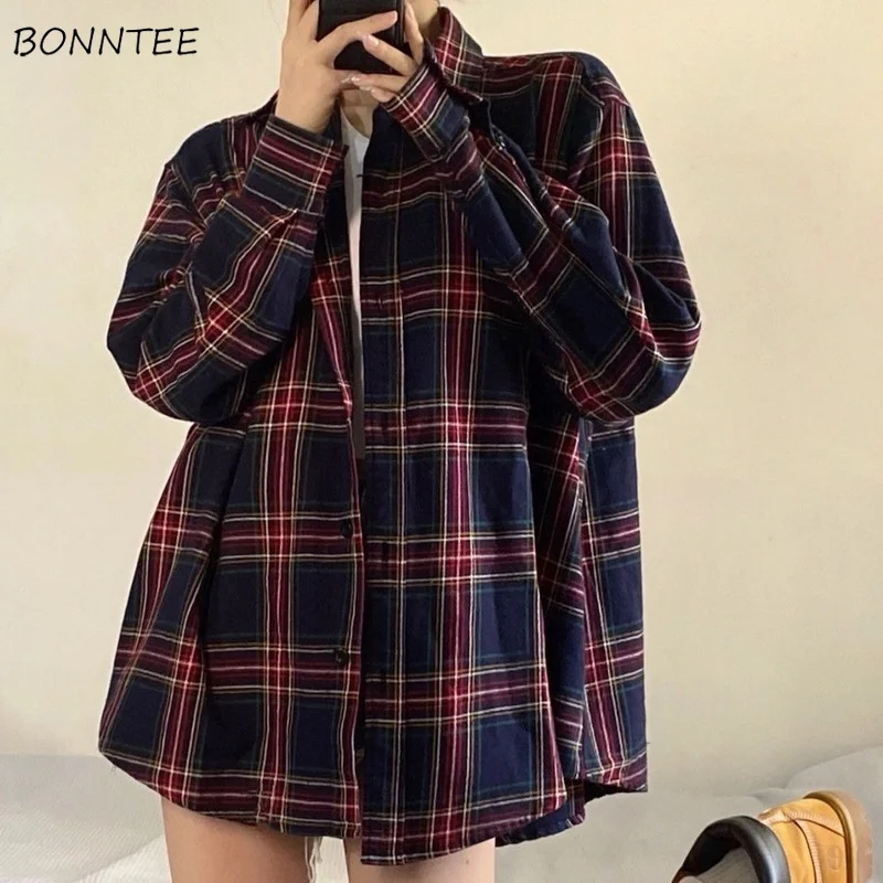 Shirts Women Plaid Long Sleeve Chic Loose Spring Casual Sun-proof BF Retro Harajuku Daily Streetwear College Simple All-match