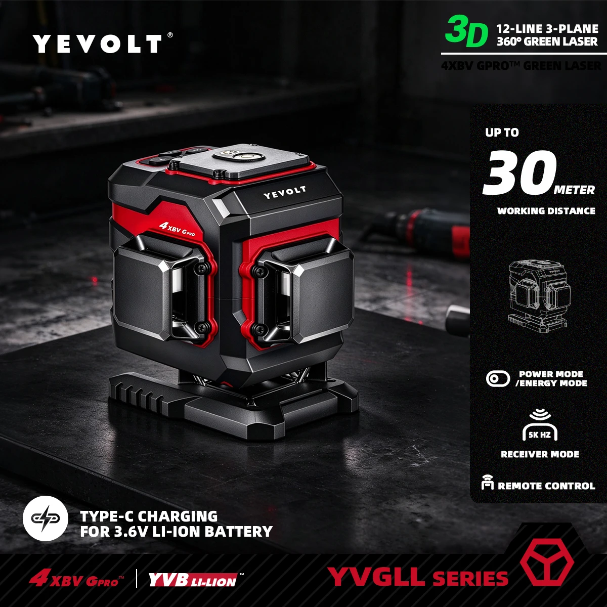 YEVOLT Green 12‑Line 3D 360° Self‑Level Laser Level for Household DIY Sunroom Wall Decor Flooring Trim Wall Lamp Mounting Work