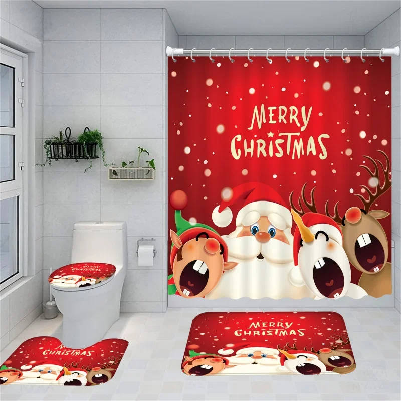 4pcs Red Christmas Snowflakes Shower Curtain Set, Cute Gnome With Red Hat In Winter Snow Shower Curtain With Hooks, Bath Rugs, B