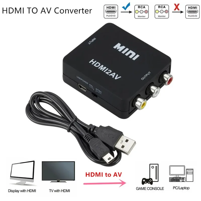 Grwibeou กล่องแปลงสัญญาณ HDMI เป็น AV, กล่องแปลงวิดีโอ HD คอมโพสิตวิดีโอ HDMI เป็น RCA AV/cvsb/r 1080วิดีโอ P MINI HDMI เป็น AV