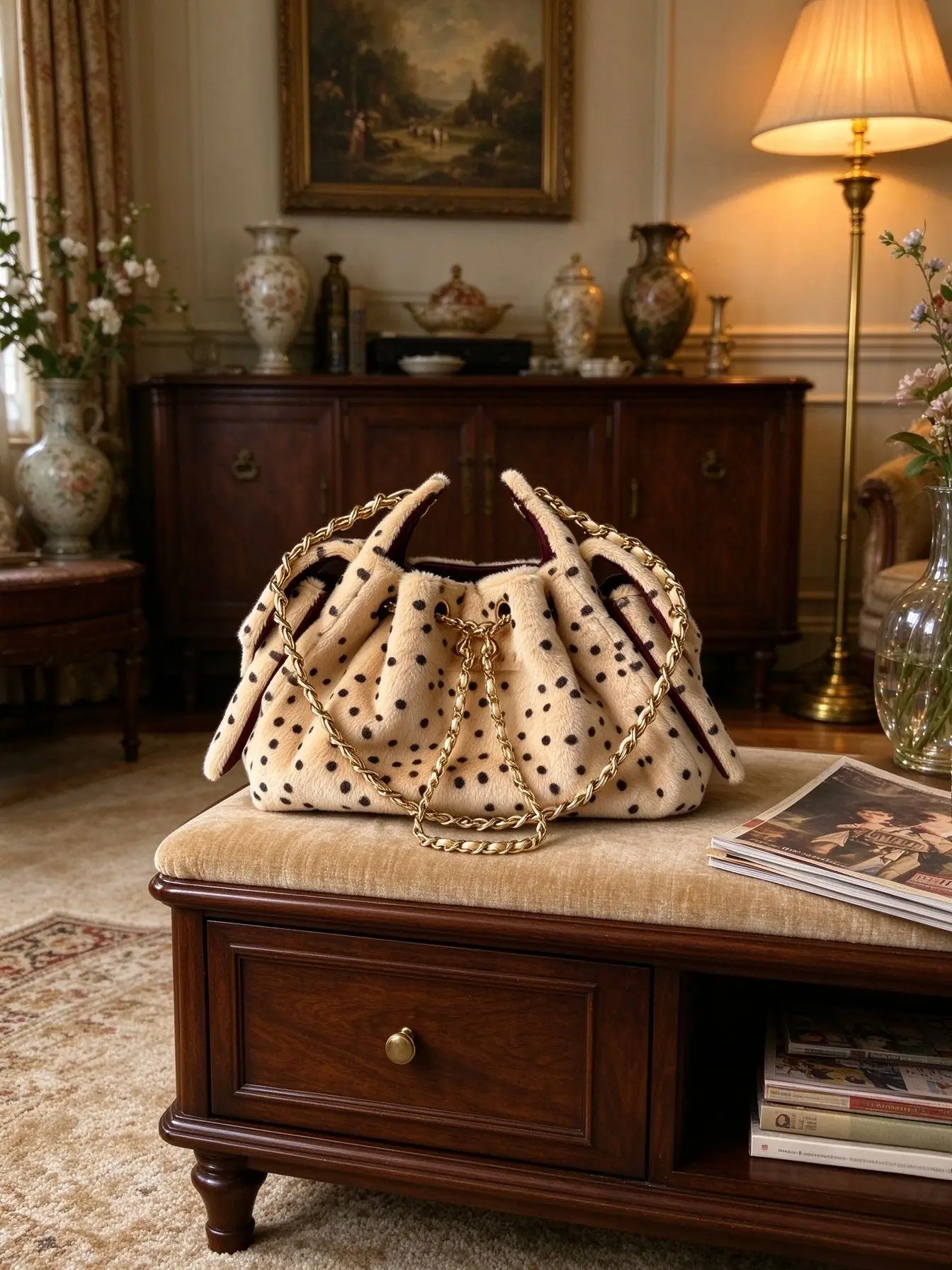 Winter Furry Polka Dot Bucket Bag Women Fashion Chain Drawstring Crossbody Handbag Vintage Plush Shoulder Purse