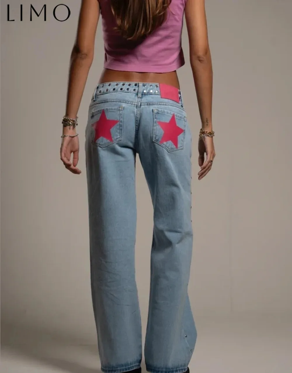 Vintage Five-Pointed Star Print High Waisted Jeans Woman Street Harajuku Baggy Jeans Women Clothing Casual Straight Denim Pants