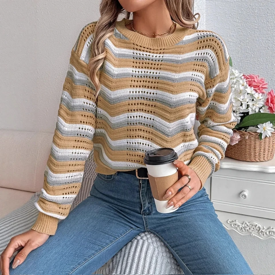 

Pullover Damen Striped Hollow Solid Color Long-sleeved Versatile Autumn Winter Sweater Elegant Sweater Woman Pull Oversize Femme