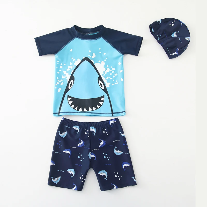 Summer Short Sleeve Boys Swimwear Shark Dinosaur Children's Swimsuits With Hat 3pcs Swimsuit Kids Boy Kids Beach Wears Pool Spa