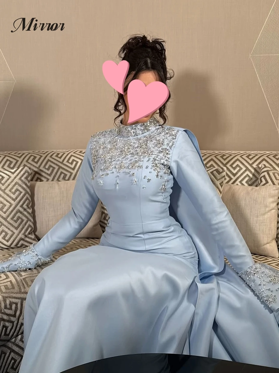 Robe de soirée en satin avec miroir, cape de sirène, élégante, vintage, douce, perles bleu ciel, occasion formelle personnalisée, robe de Rh, quoi que ce soit