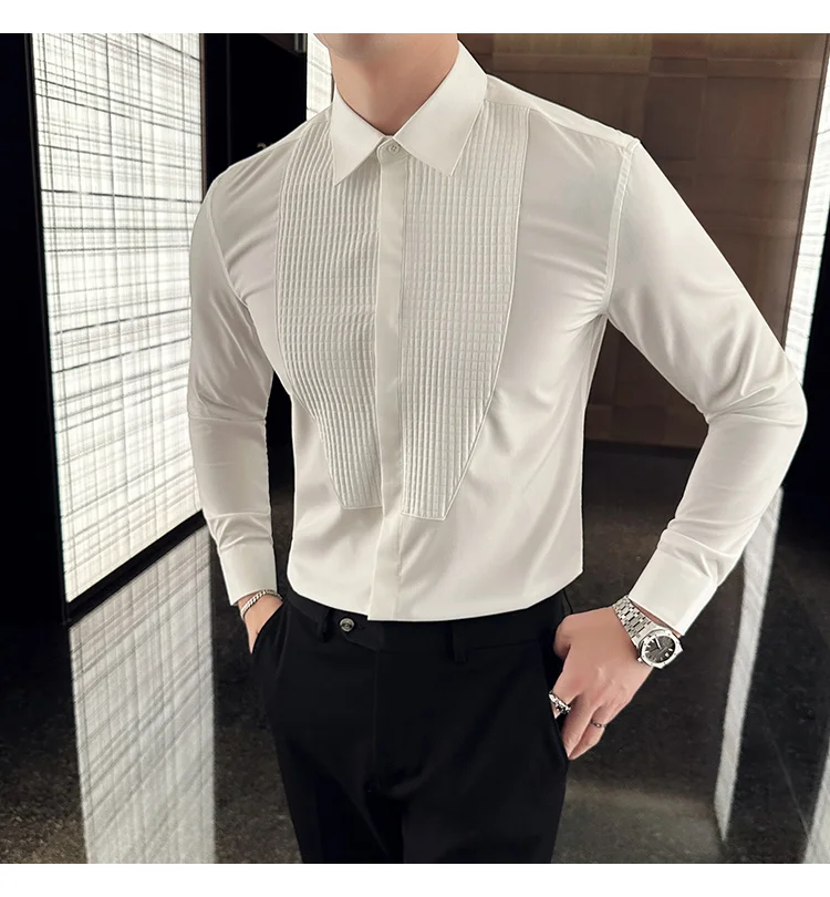 Men Tuxedo Dress Shirt Slim Fit Groom Wedding Long Sleeve Shirt White Men's Patchwork Designer Luxury Black Prom Blouse Autumn