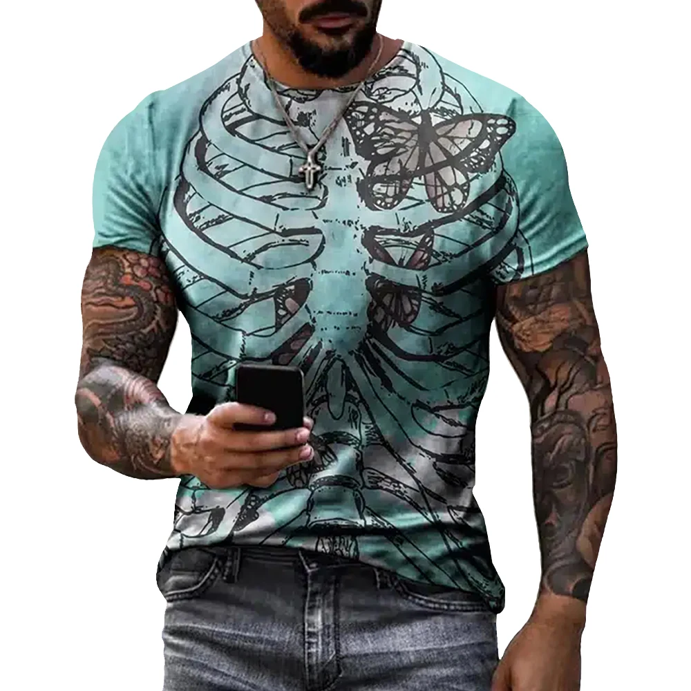 Fashion Oversized Classic Vintage Short Sleeve Quality Top Hip Hop Skeleton Men's T-Shirt Funny Horror 3d Printed Street Wear