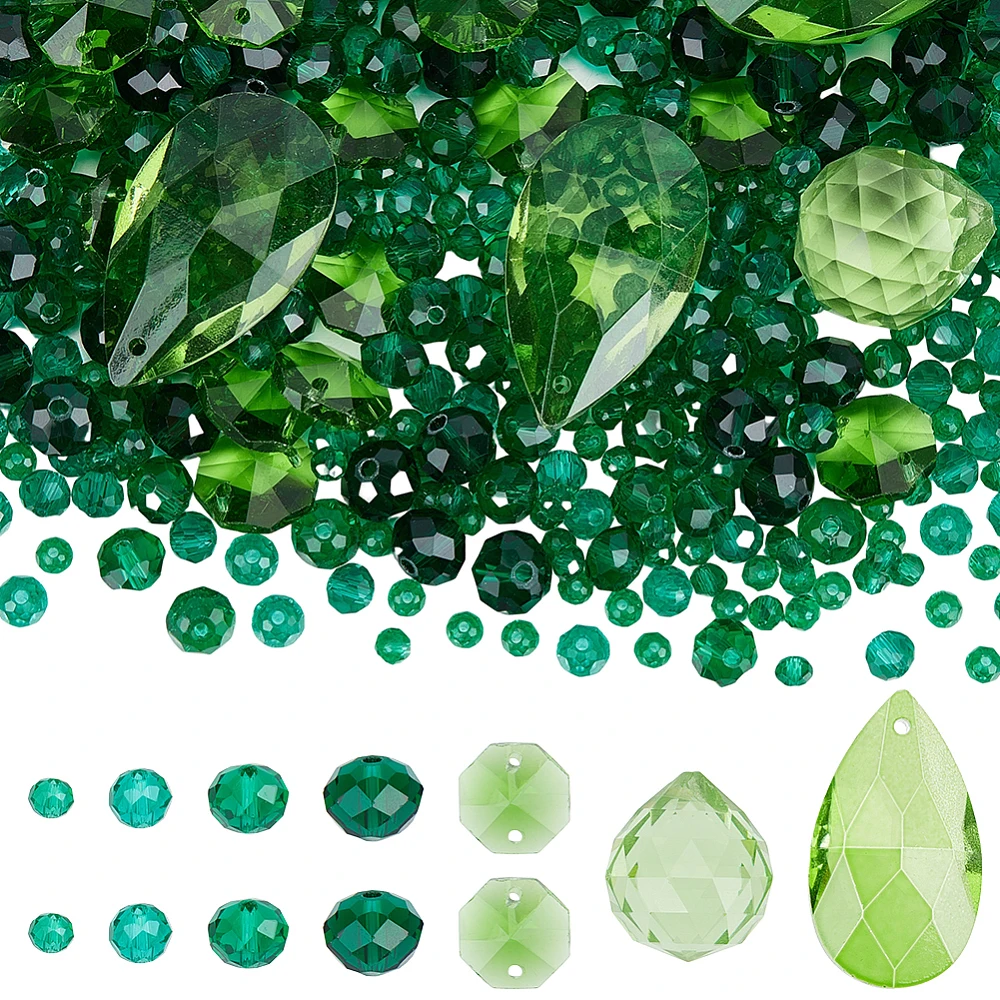 525Pcs Chandelier Crystals Prisms Suncatcher BeadsRainbow Maker Large Teardrop Rondelle Octagon Charms Glass Green Beads Hanging