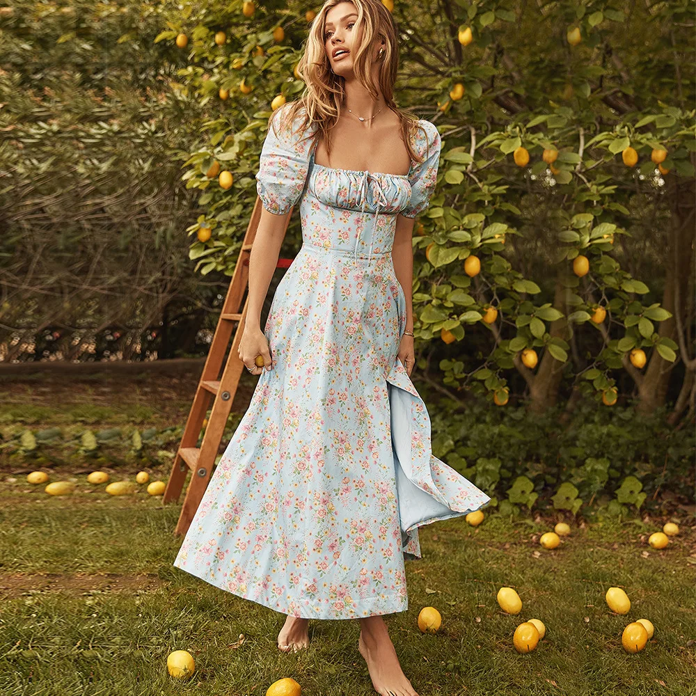 Dr Long imprimé Floral Sexy avec Bubble Sves et bandoulière à fente haute pour femmes, col carré tricoté en Fiber de Polyester