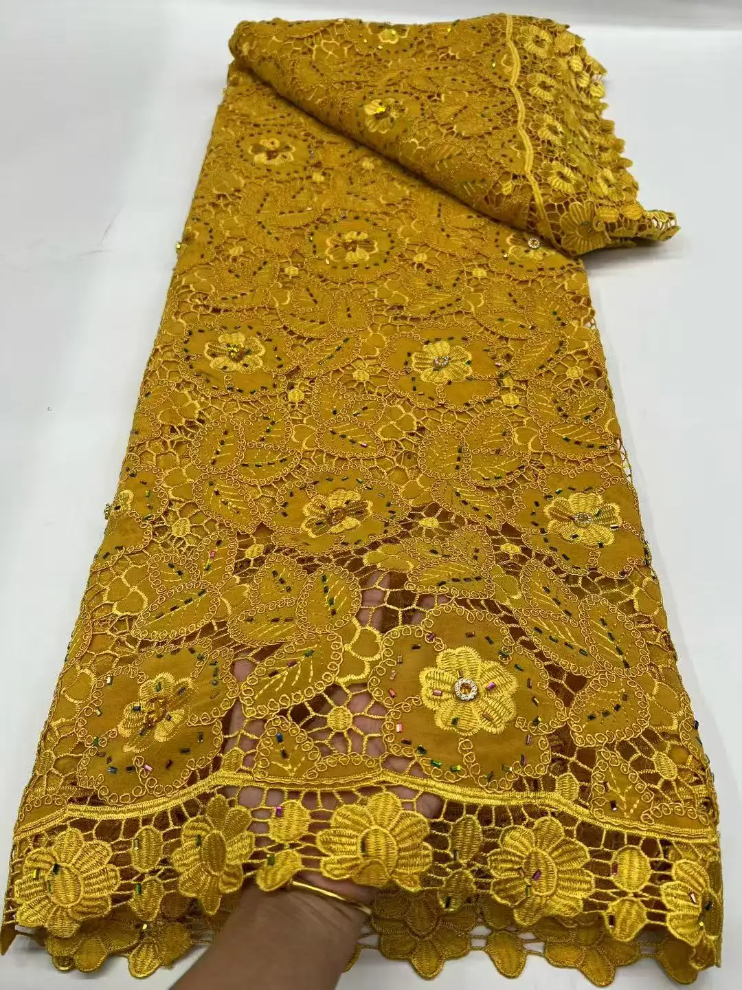 

2026 Hot Selling African Lace Fabrics Cotton Embroidery Fabric Swiss Voile Lace With Beads For Wedding Sewing Dress 5 Yards