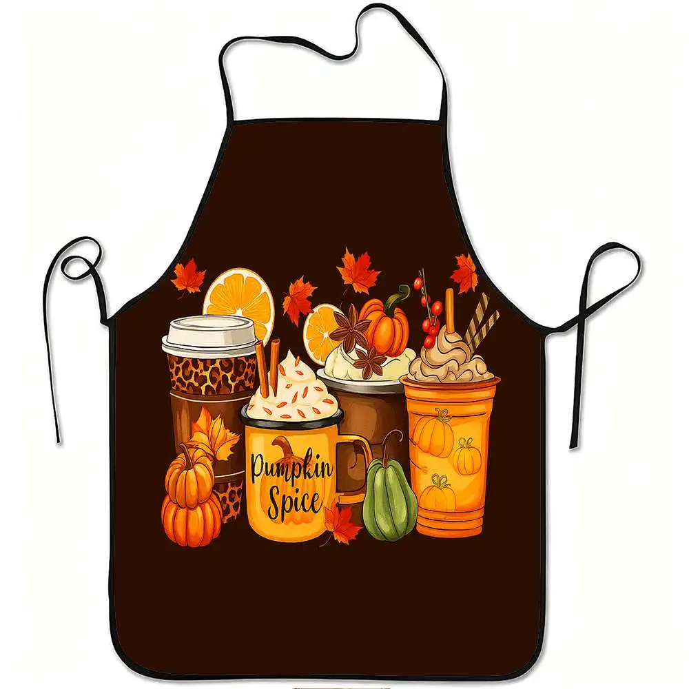 Autumn Pumpkin Spice Latte Apron, Fall Coffee Cup & Maple Leaf Kitchen Bib, Cute Thanksgiving Gift for Women Mom Cooking Baking