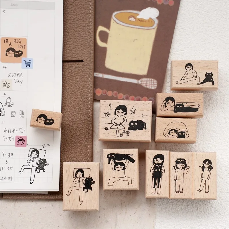 Lovely Angry Girl Black Cat Wooden Rubber Stamp DIY Scrapbooking Photo Album Card Making Wood Seal