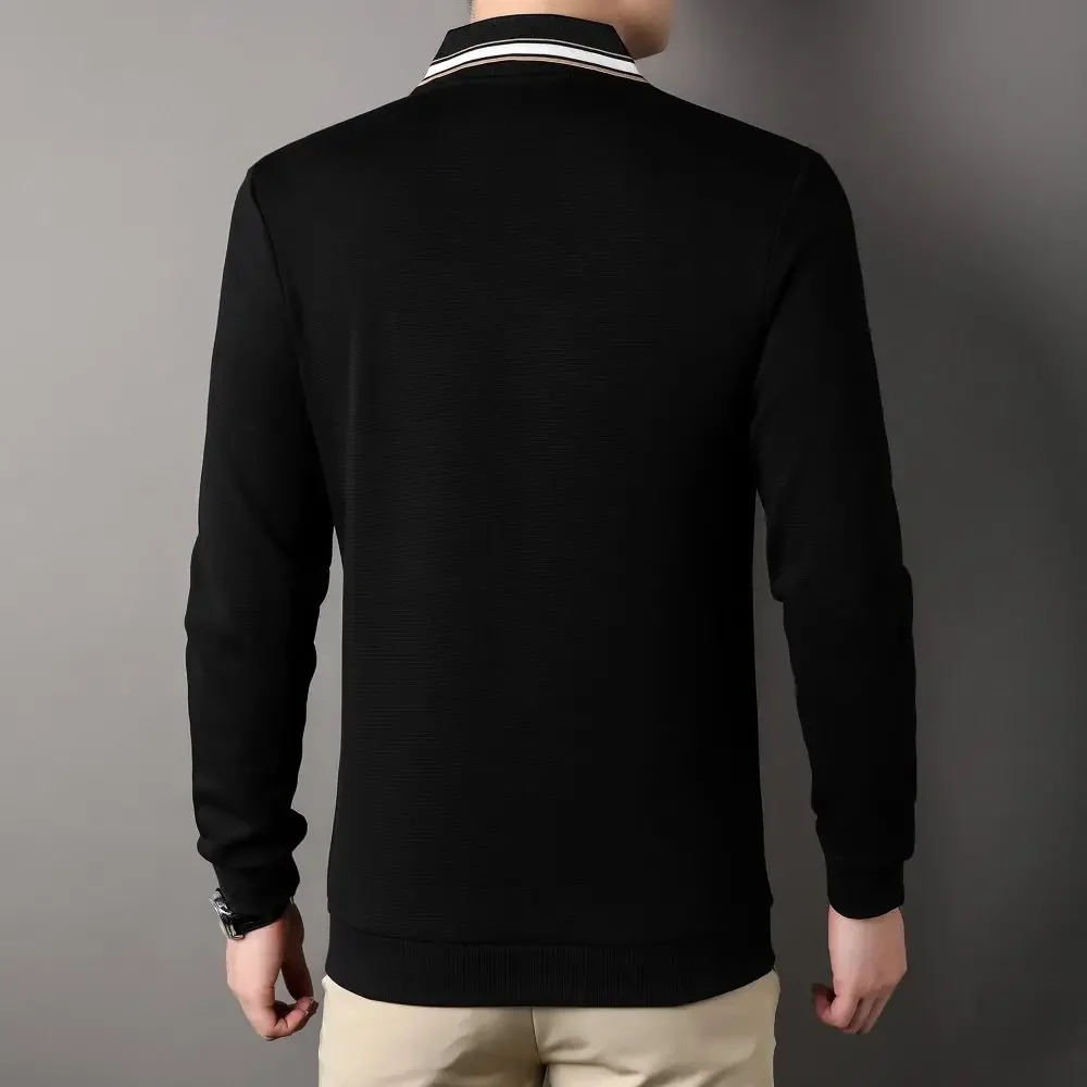 Men's Solid Color Cotton Lapel Long Sleeve T-shirt Business Casual Top Skin Friendly Comfortable Hatless Hoodies W5863