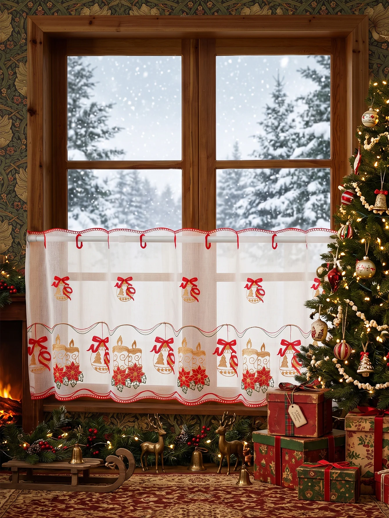 Embroidered Christmas Candle & Poinsettia Lace Valance, Semi-Sheer Loop Top Window Valance, Xmas Kitchen Window Decor