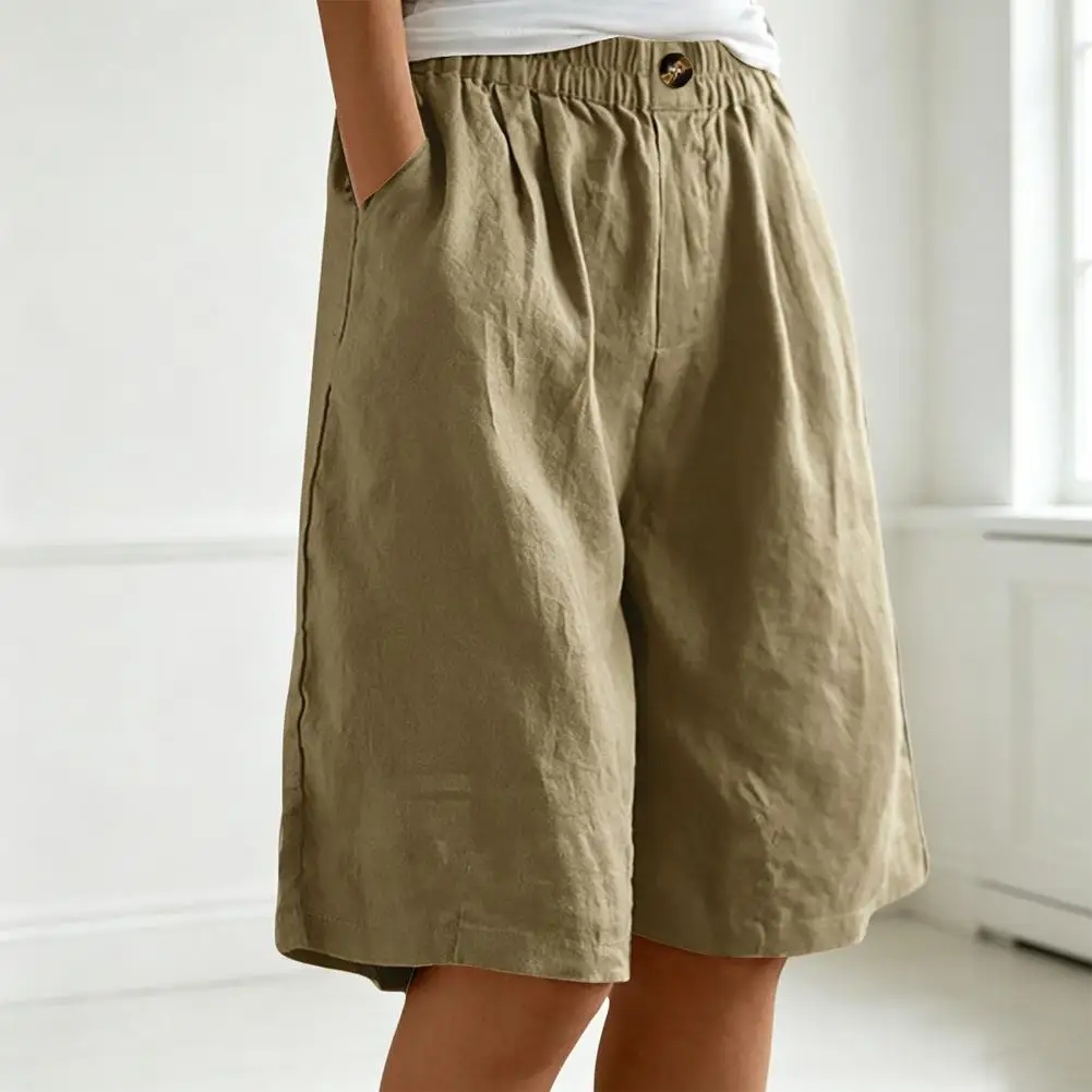 Elastic Waist Summer Cotton Linen Beach Vacation Shorts Bermuda Shorts for Women Knee Length High Waisted Baggy Shorts with Pock