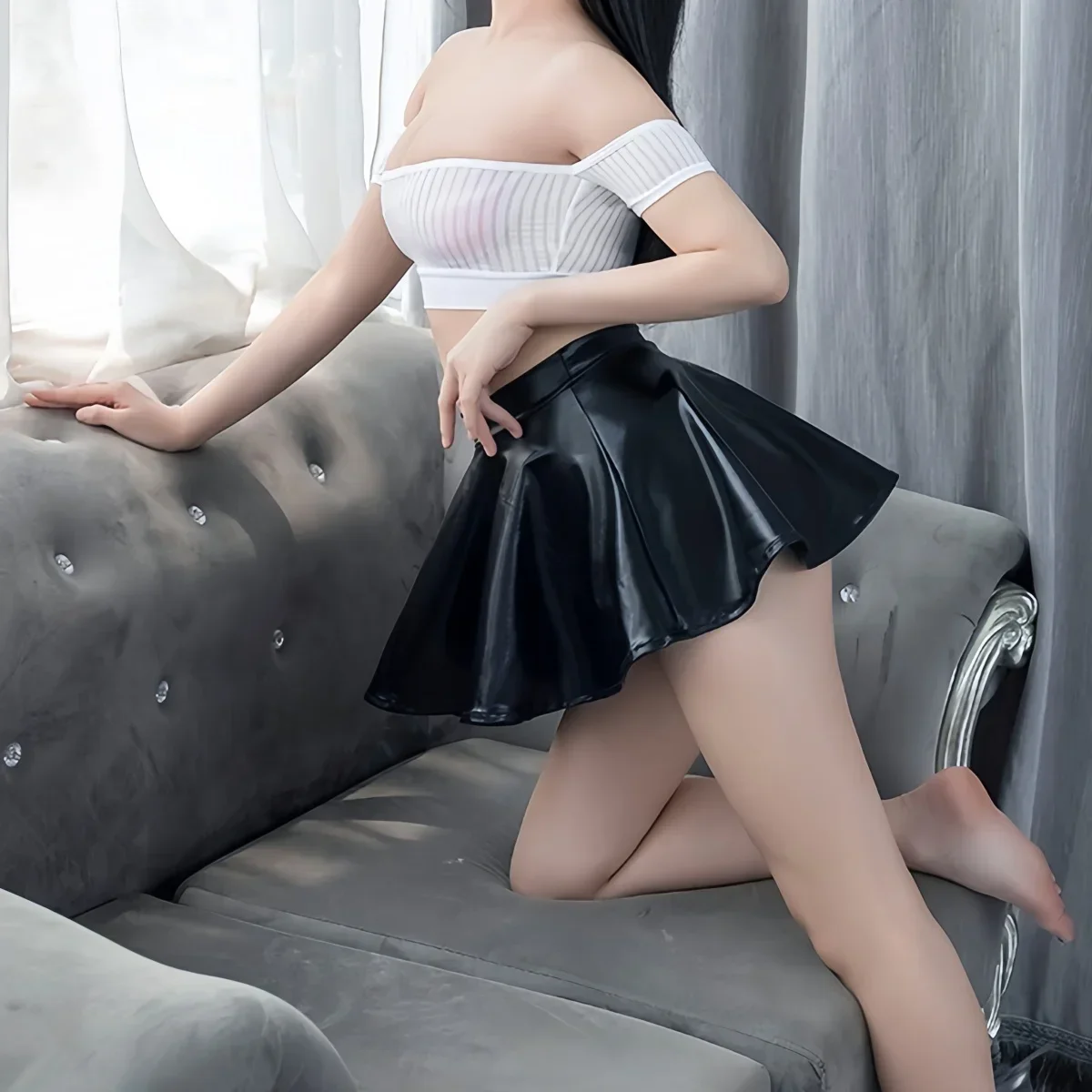 Korean Fashion High Waist Black Leather A-Line Pleated Skirts Sexy Wrap Hips Short Mini Skirt for Women Night Club Street Wear