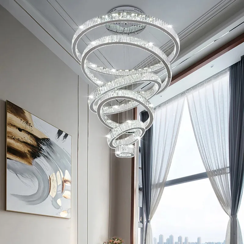 Remote Luxury Modern Ring Crystal Chandelier Lighting Stair LED Large Crystal Pendant Lamp Home Decor Light Fixtures