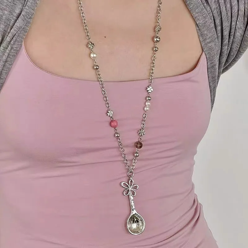 Korean Silver Spoon Flower Relief Bead Necklace for Women Elegant High-End Trendy Long Sweater Chain Accessory Versatile Fashion