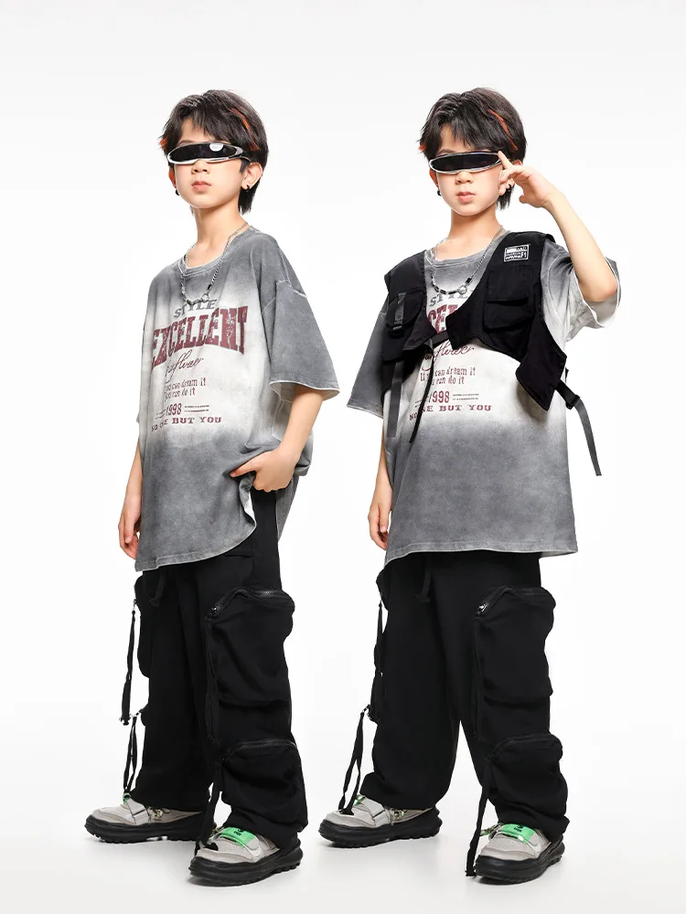 Kid Hip Hop Clothing Gray White T Shirt Top Black Vest Casual Multi Pockets Cargo Pants for Girl Boy Jazz Dance Costume Clothes