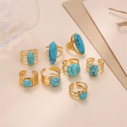 Geometric Turquoise Stainless Steel Rings For Women Elegant Adjustable Opening Rings Vintage Fashion Jewelry Girls Gift 2024