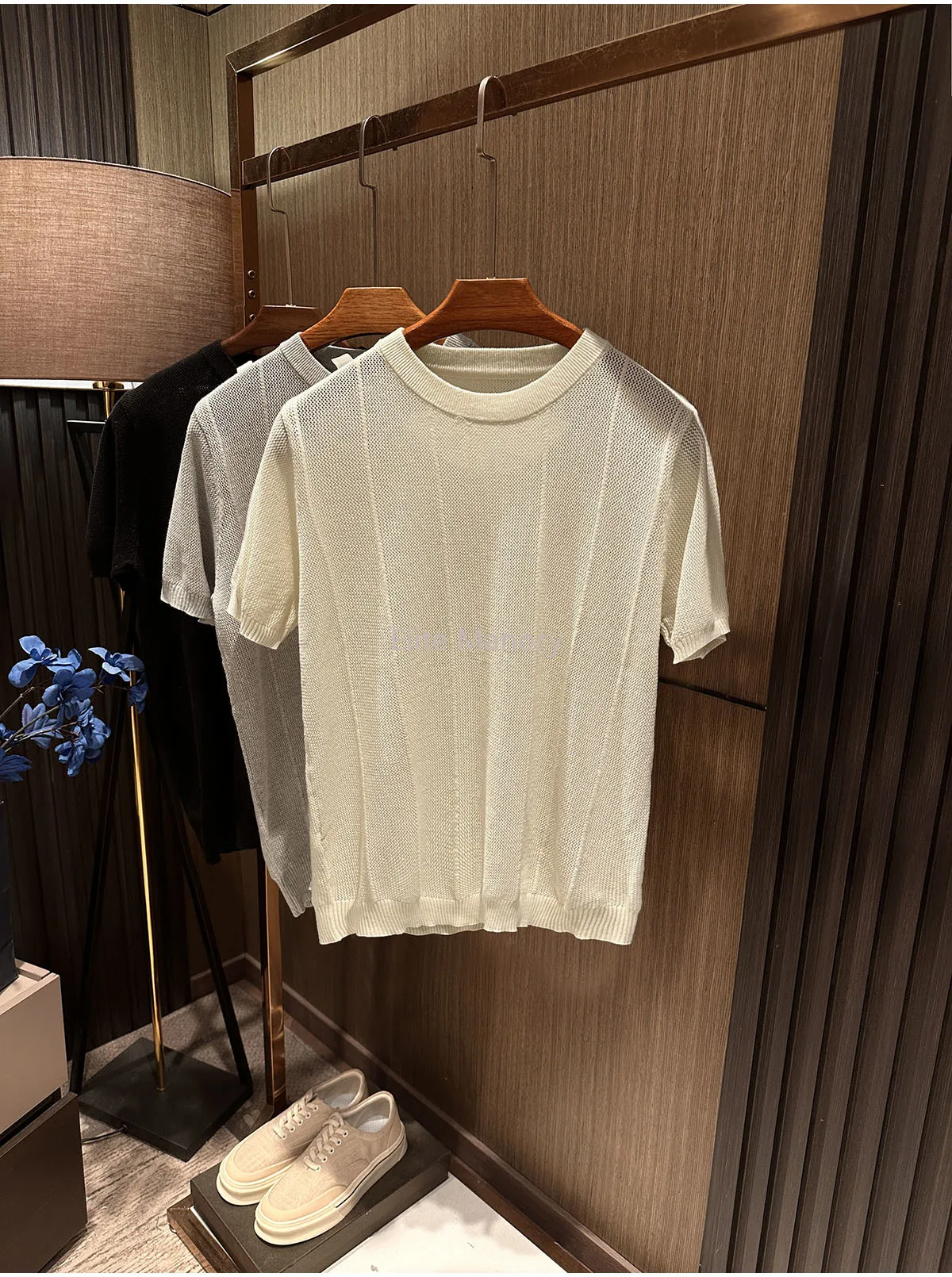 [Natural and casual needles and hollowing out] Men's high-quality solid-color round neck high-end cotton knitted short