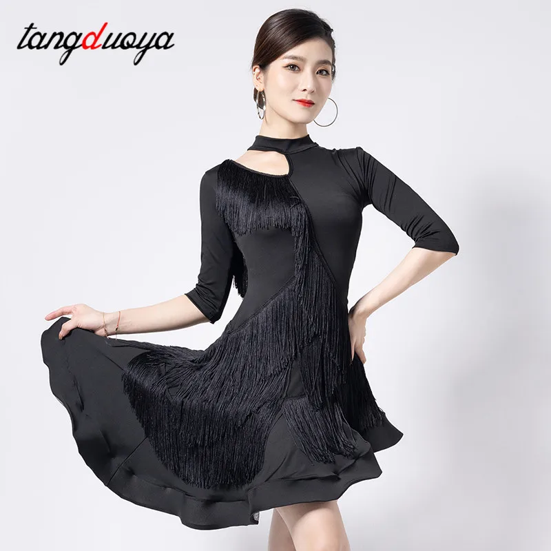 

Women Latin Dance Dress Oblique Shoulder Fringed Irregular Hem Dresses Ballroom Tango ChaCha Rumba Samba Competition Costumes