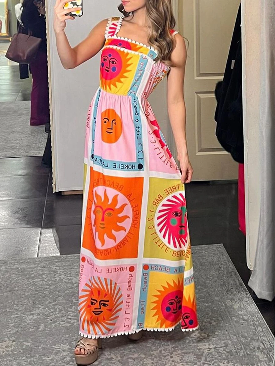 Women Graphic Maxi Cami Dress Spaghetti Strap Floral Boho Long Dress Flowy Summer Holiday Beach Dress