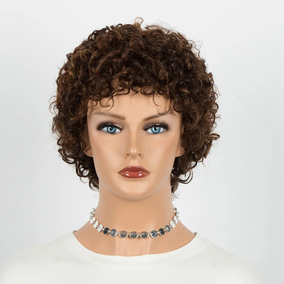 

Glueless Highlight Short Pixie Bob Curly Wigs Peruvian Remy Human Hair Wear To Go Non Lace Wigs Human Hair Wig For Black Women